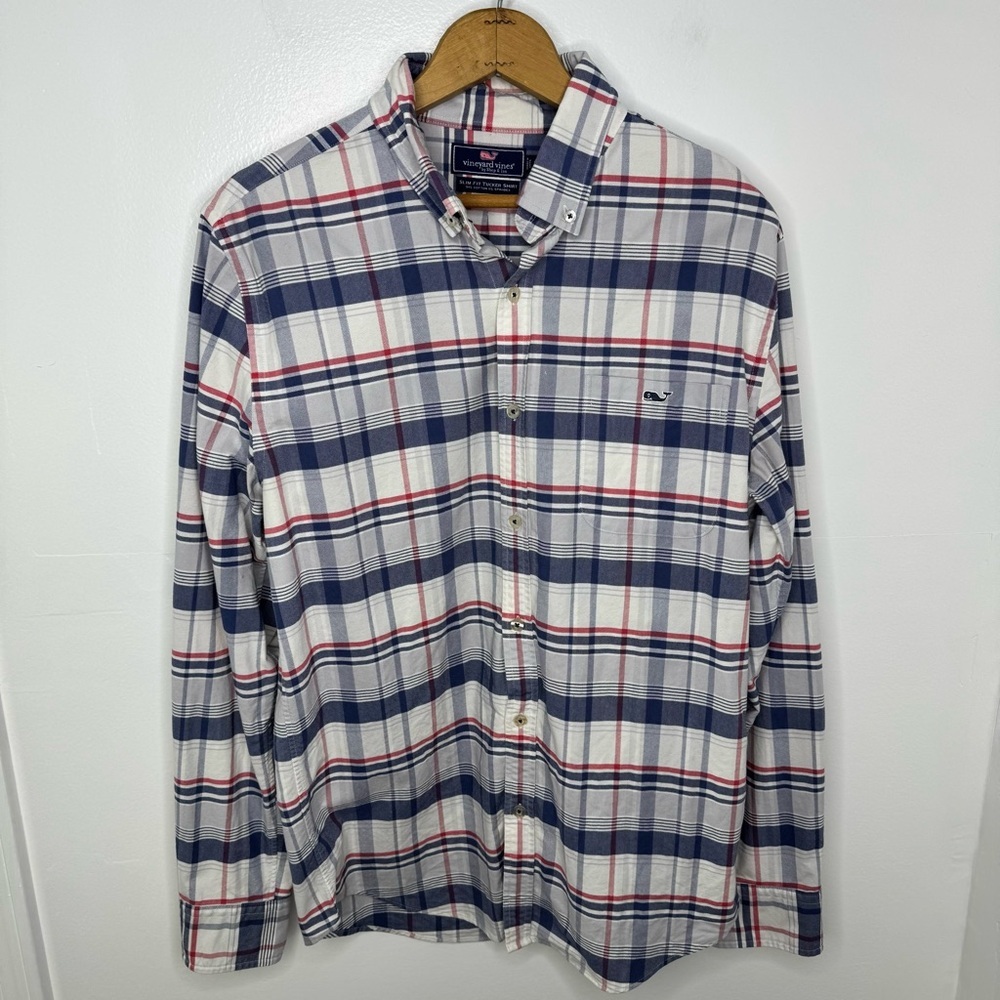 Vineyard Vines Men's Blue and Red Plaid Shirt